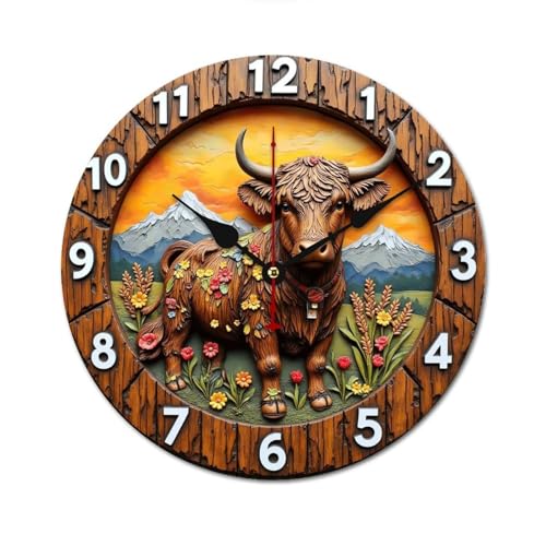 花咲くハイランド牛の置時計 山並みを背景に 掛け時計 北欧 壁掛 木製 10in/12in 軽量 部屋飾り 人気 ギフト静音 非電波 読みやすい リビングルーム 寝室 オフィス 25*25cm