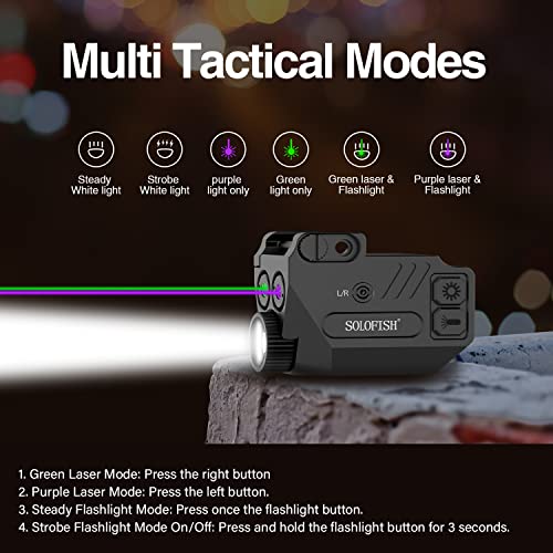 Image of SOLOFISH 500lm Pistol Light and Purple /Infrared (IR) /Green Blue Beam Combo, Rechargeable Aluminum Weapon Light and Beams for Guns with a Rail