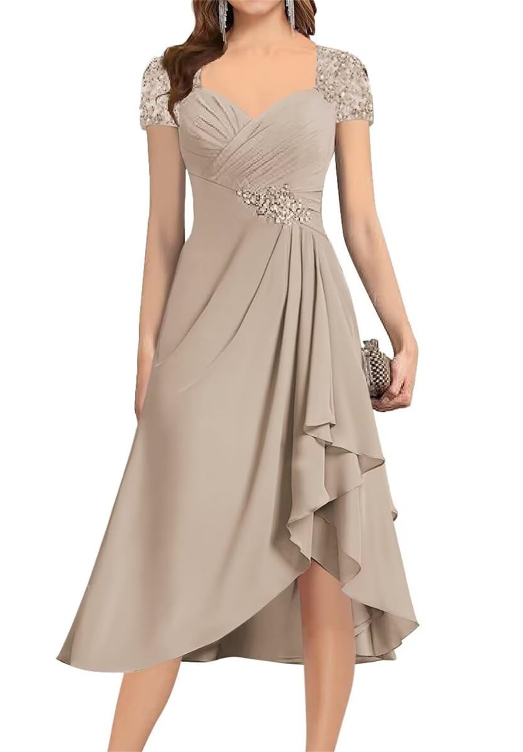 YIANN Taupe Mother of The Bride Dresses for Wedding Party V Neck A Line Chiffon Tea Length Mother of Groom Dress UK14