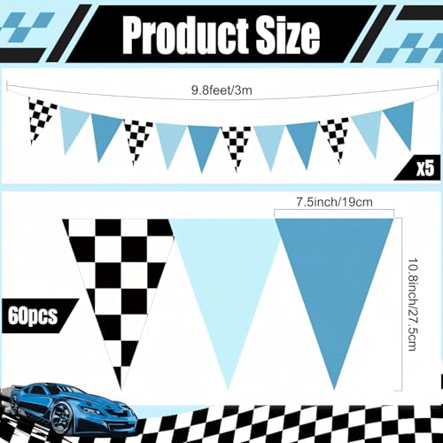 Image of Tiamon 5 Pcs Racing Car Flag Banner Party Decorations Dusty Blue Black | Racing Car Checkered Triangle Flag Race Car Pennant Banner Garland for Birthday Baby Shower 2nd Two Fast Party Supply
