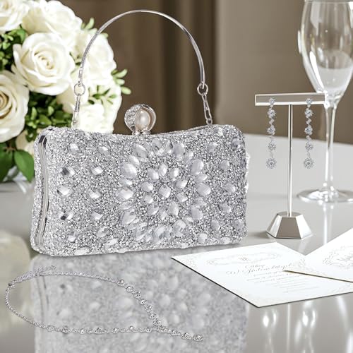 Image of Quelay 4 Pcs Purse Rhinestone Jewelry Set for Wedding Bridal Women Evening Clutch Bag Necklace Dangle Earrings Bracelets