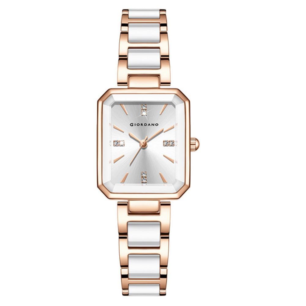 Classic Rectangular Dial Watch for Women with Crystal Markers and Dual Tone Stainless Steel Strap-image-11