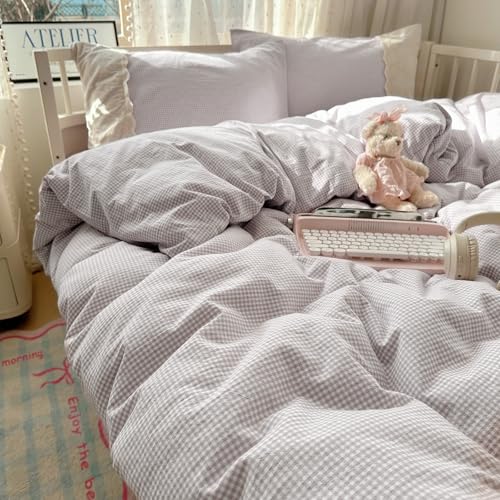 Image of VM VOUGEMARKET Lilac Gingham Duvet Cover Queen Plaid Checkered Comforter Cover with Zipper 3Pcs Soft Breathable Washed Microfiber White Lace Bedding Set for Girls