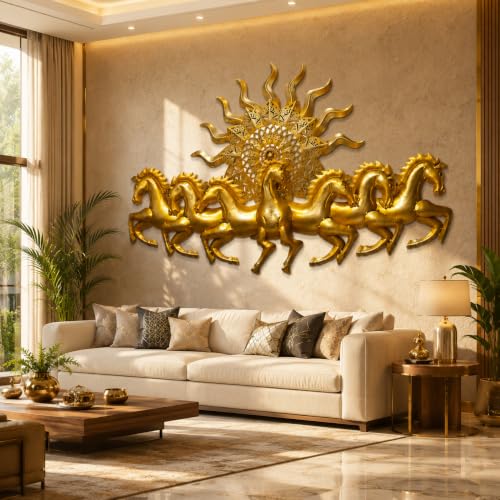 Image of iHandikart 7 Running Horses Metal Wall Art with Sun | Pack of 1, 36 x 21 Inch | Golden Vastu Horse Wall Decor for Living Room, Luxury Iron Wall Hanging Sculpture for Home, Office, Hallway & Entrance, 3D Metal Wall Decoration