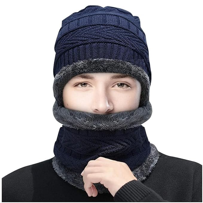 Image of Woolen Cap for Men - Winter Wear Topi with Neck Scarf Cover Muffler Face Cover, Hello Kitty Unisex Beanie Caps with Neckwarmer Set of 2 Free Size