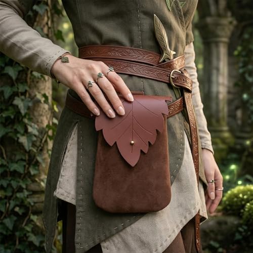 Image of Leather Belt Pouch Medieval Vintage Renaissance Viking LARP Cosplay Costumes Drawstring Coin Purse Phone Holder Waist Bag (Leaf Brown02)