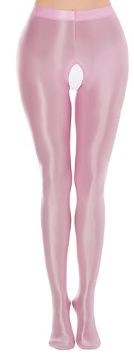 FEOYA Women's Open Crotch Oil Shiny Pantyhose High Waist Control Top Silky Oily Crotchless Footed Tights Stockings - Large - Pink