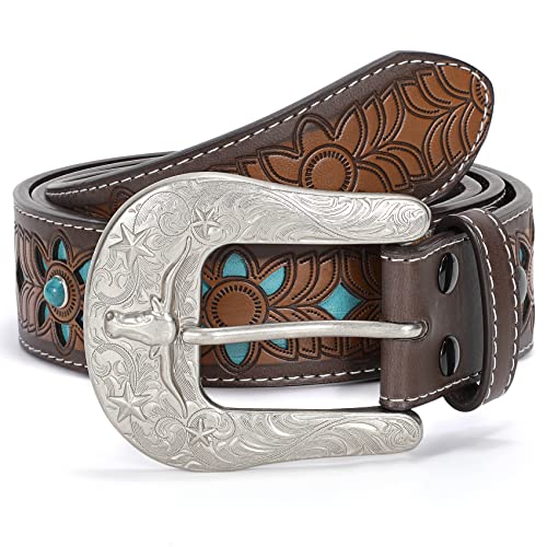 XZQTIVE Women Men Genuine Leather Belt Vintage Ladies Western Belt Engraved Tooled Leather Belt Cowboy Cowgirl Country Belt4