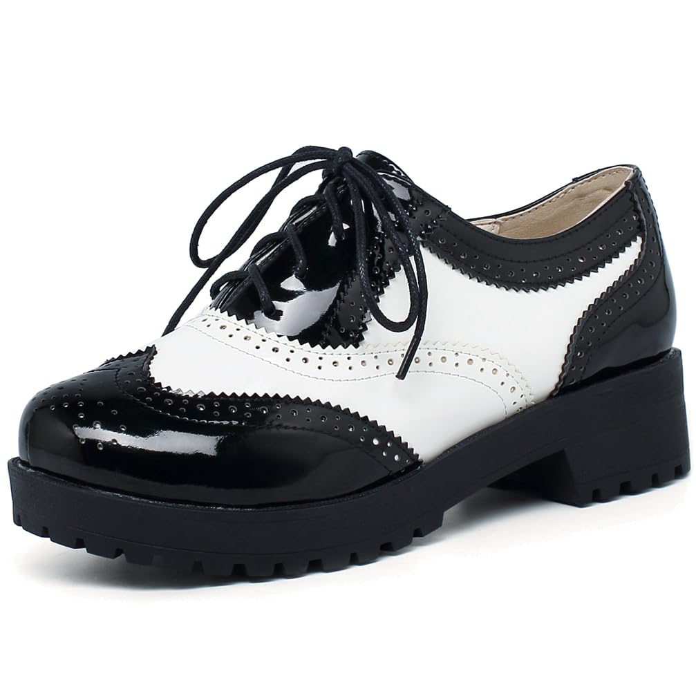 Caradise Womens Patent Platform Wingtip Oxford Block Heel Lace Up Brogues