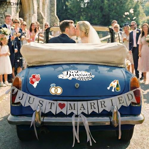 Image of KatchOn, Just Married Car Magnets - Pack of 15 | Just Married Banner for Wedding Decorations | Wedding Car Decoration Kit | Multicolor Magnetic Sticker for Annversary Decor, Just Married Fridge Magnet