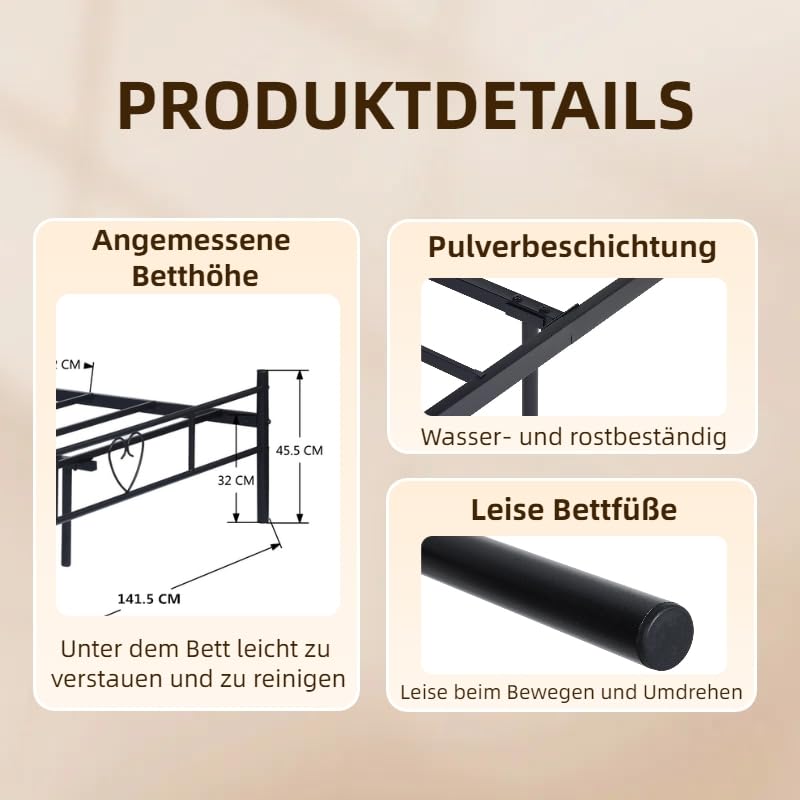 Double Bed Doppelbett Metallbett Bettrahmen Bettgestell für 140x190CM Matratze, Metall Bodenbett Schlafzimmer Bett mit Kopfteil Geeignet für Gästebett Jugendbett Seniorenbetten/Schwarz/Stil B – Bild 5