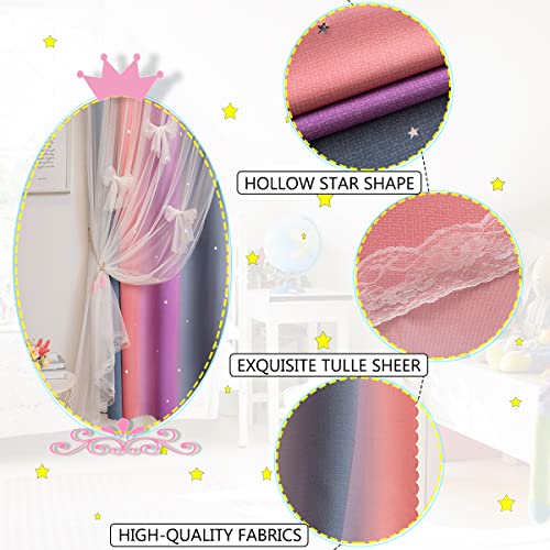 Image of Yancorp Curtains for Girls Bedroom Kids Curtain Hollow-Out Star Window Nursery Curtain 63 inches Length Room Darkening Grommet 2 Layers (Purple Pink Grey, W34 X L63)
