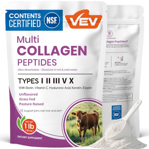 VEV Multi Collagen Peptides Powder 16oz Unflavored with Vitamin C & Hyaluronic Acid