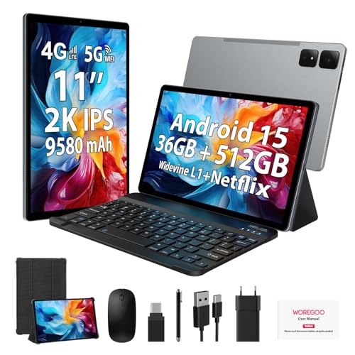 WOREGOO 11 Pollici Tablet Android 15, 4G LTE e 5G WiFi, Octa-Core, 36GB RAM+512GB ROM (1TB TF), 2K 2000x1200 FHD Display, Widevine L1, GMS/GPS/8+13MP/Batteria 9580mAh con Tastiera+Mouse(Grigio)