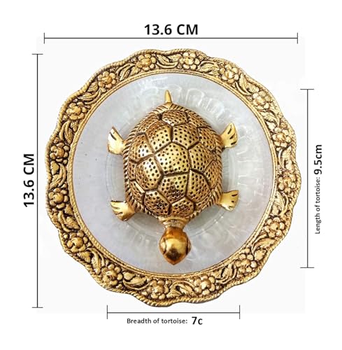 Image of Metal Tortoise Figurine with Brass Finish and Decorative Plate - Feng Shui Tortoise for Good Luck, Prosperity, and Longevity, Antique Home Decor, Perfect for Office and Living Room, 13.6 cm