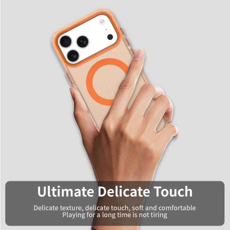 Image of VONZEE Translucent Matte Back Cover for iPhone 17 Pro Max Case, Shockproof Anti-Fingerprint Phone Cover with Magnetic Wireless Charging, MagSafe Compatible Case for Men & Women (Orange)