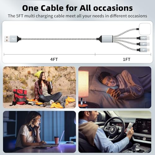 Image of Travel Essentials 4in1 Multi Charging Cable for iPhone Watch Charger 3PK5FT | USB A to Dual Type C /IP /iWatch Charger Travel Chargers for Multiple Devices Compatible with iWatch Ultra /11-2&iPhone 17-8