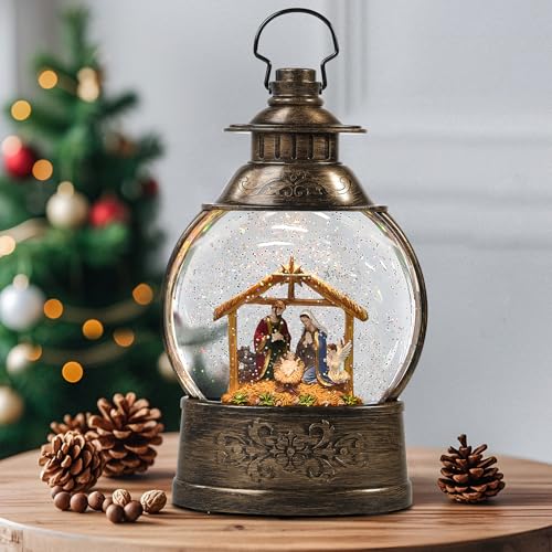 Christmas Snow Globes with Nativity Scene, Musical Lighted Water Lantern with Swirling Glitter, USB Lined/Battery Operated Christmas Decoration Gift for Family and Friends