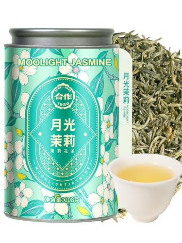 HEZUO Mondschein Jasmin Tee Lose 108g Vegan Hergestellt aus Doppelten Jasminblüten 5-mal Stärkerer Duft Premium Grüntee mit Silberner Spitze Reich an Antioxidantien Ohne Zusatzstoffe Dose