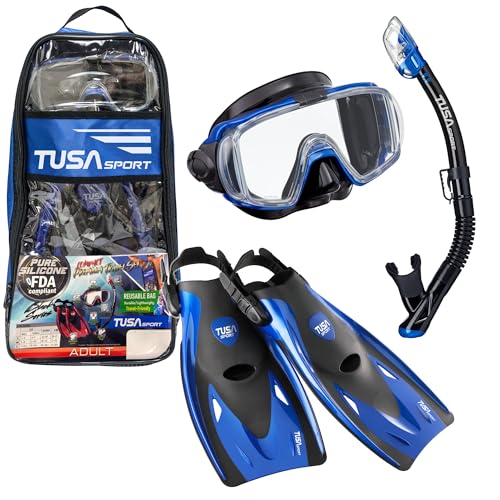 TUSA Sport Grownup Black Collection Visio Tri-Ex Masks, Dry Snorkel, and Fins Journey Set,
