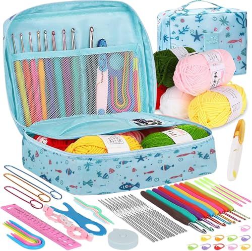 Image of TheWooly Wonders Beginners Crochet Kit, Adults Include 5 Yarns, 59pcs Crochet Starter Kit for Beginners Kids, Crochet Hooks, Stitch Markers, Storage Bag, All in One (Blue Crochet Bag)