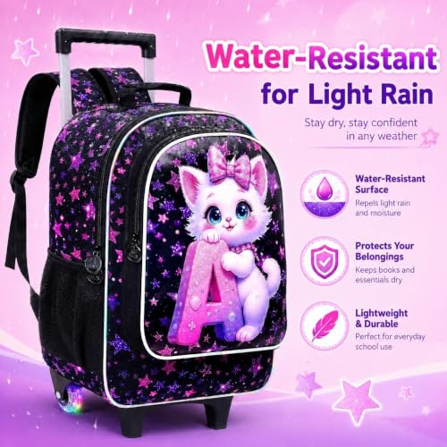 Image of CCJPX 18 inch Cat Rolling Backpack for Girls, 3Pcs Kids Glow Wheels Bookbag with Lunch Box, Lightweight Roller School Bag for Elementary Preschool (Black)
