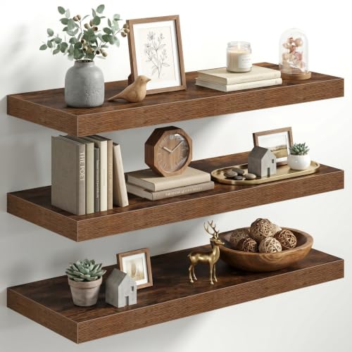 Image of Fun Memories 30 Inch Floating Shelves for Wall, 12 inch Deep Large Wall Mounted Wood Shelves with Invisible Bracket, Rustic Brown Floating Shelf for Bathroom Over Toilet Kitchen Living Room, Set of 3