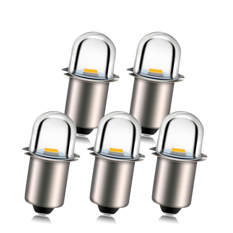 Ruiandsion Upgrade LED Flashlight Bulbs P13.5S Base Socket Warm White LED Bulbs 18V Replacement for Headlamp Flashlight Torch Lights,Non-Polarity (Pack of 5)