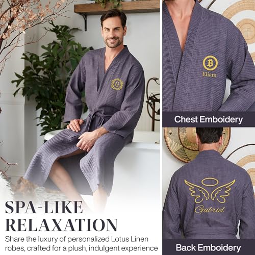 Lotus Linen Men's Waffle Kimono Robe Cotton Absorbent Bathrobe Personalized Spa Style Custom Embroidery2
