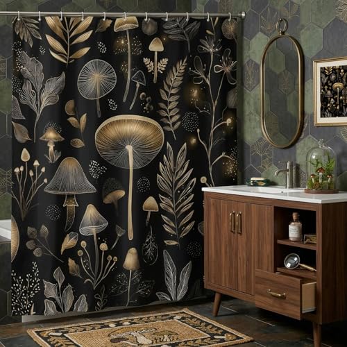 Black and Gold Mushroom Shower Curtain Boho Chic Vintage Botanical Plant Shower Curtain for Bathroom Dark Forest Mushroomcore Cottagecore Bathroom Accessories Curtin Fabric 72x72 with 12 Hooks