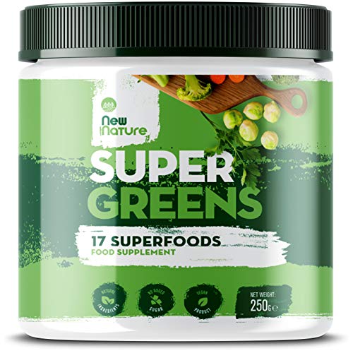 Super Greens por New Nature  250g, 50 Raciones - Combinación de 17 Superalimentos Aptos para Vegetarianos y Veganos para su consumo diario - Cero Ingredientes Artificiales y Sin Azúcares añadidos