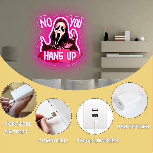 Image of Symone No You Hang Up Halloween Ghostface Mask Neon Sign, Halloween Skull Neon Light USB Powered, for Halloween Party Spooky Decor Neon Horror Decor Horror Movie Sign Halloween Gifts(11.8 * 11.6 In)