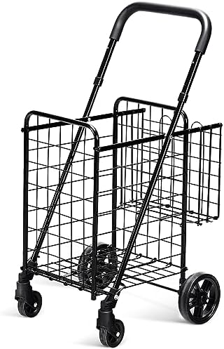 Foldable Shopping Cart with Wheels, Adjustable Height, Back Storage Basket, Foam Handle for Easy Transport, Lightweight & Durable Grocery Trolley for Shopping & Outdoor Use