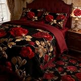 CCoutueChen Black Red Roses Comforter Set King Size, Vintage Gothic Floral Bedding on Burgundy Backround - 3Pcs Romantic Microfiber Quilted Set with 2 Pillowcases for All Season, 104'x90'