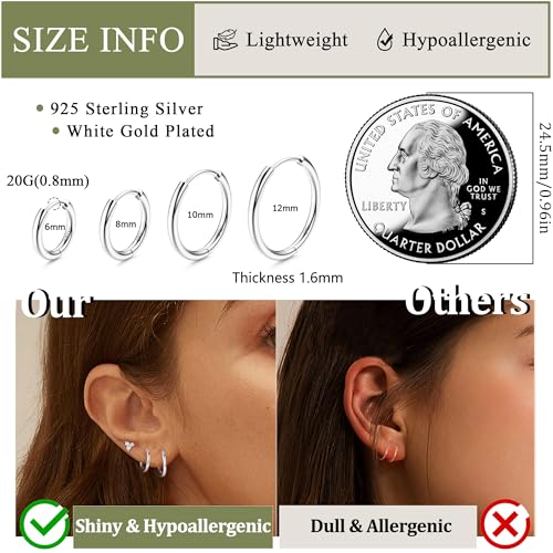 3 Pairs 925 Sterling Silver Hoop Earrings for Women Men Lightweight Small Helix Cartilage Hinged Hoop Earrings 18K White Gold Plated Huggie Hoop Earrings Set 6mm 8mm 10mm 12mm 5