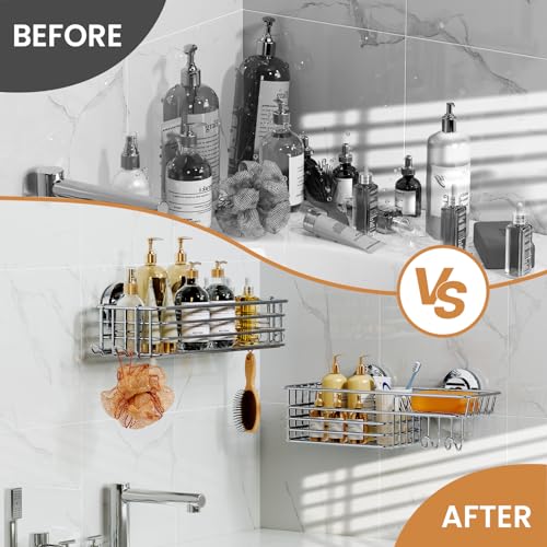 Image of LEVERLOC Shower Caddy Suction Cup, 2 Pack Heavy Duty Bathroom Organizer for Inside Shower with Hooks & Soap holder, Removable and Rustproof Silver bathroom Holder Storage