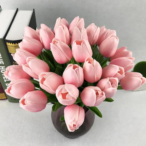 Image of 20Pcs Stems 13.5 Inch Candy Pink PU Artificial Moisturizing Tulips, Faux Candy Pink Tulips Flowers for Thanksgiving Christmas Decorations Wedding Home Table Vase Floral Arrangements
