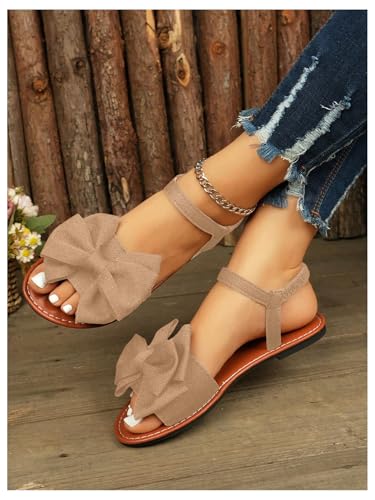 Image of GORGLITTER Women's Bow Flat Sandals 2026 Dressy Cute Ankle Strap Slides | Summer Shoes for Women 2026, Slip On Open Toe Flats, Slingback Slides, Vacation Dress Sandals