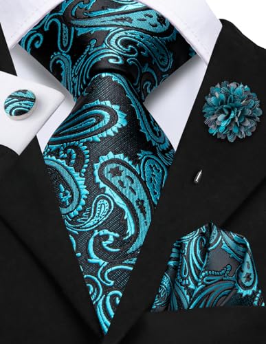 Image of Hi-Tie Men's Tie Lapel Pin Set Pocket Square Cufflinks Formal Woven Silk Tie Sets Wedding Party
