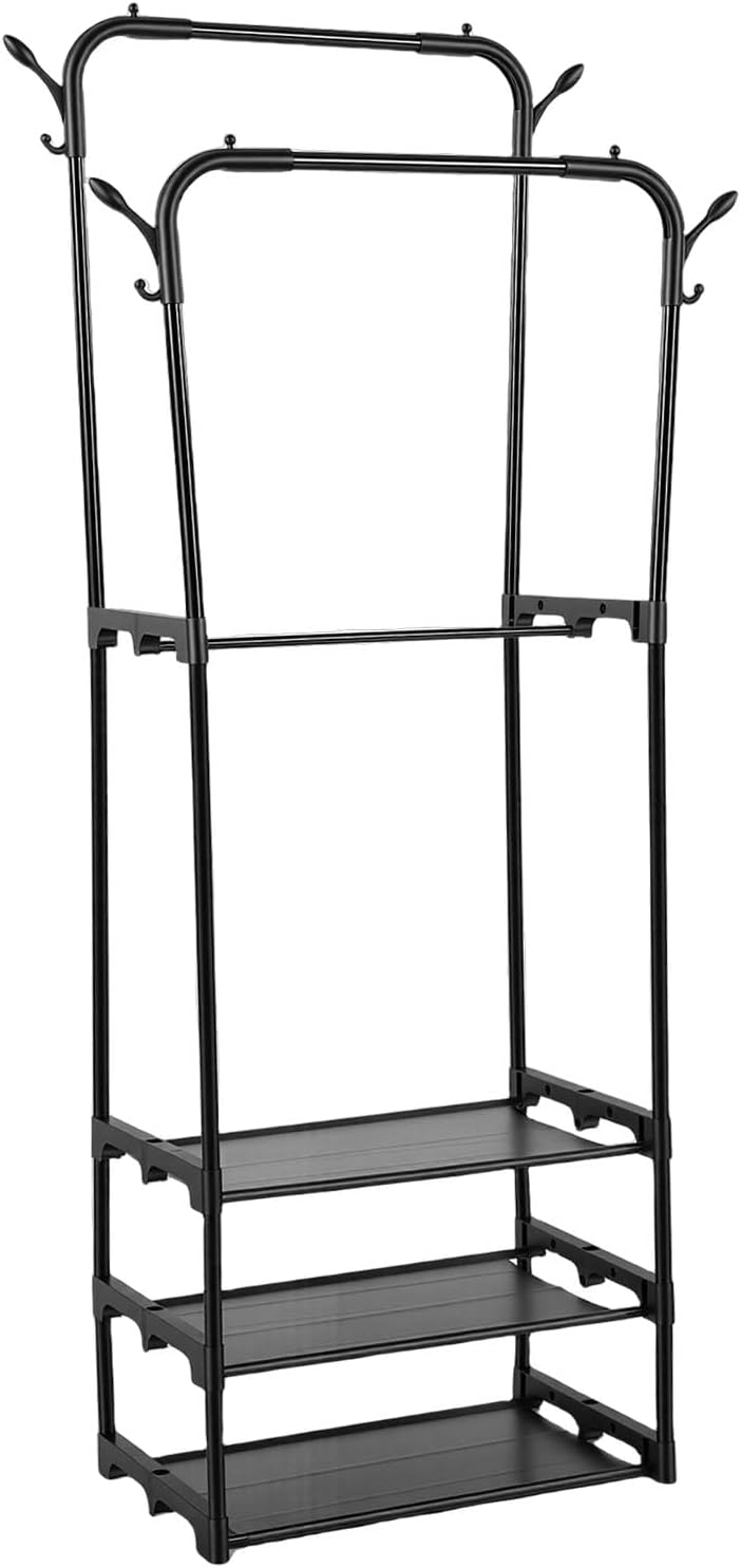 Yctze Double Rods Clothes Rack, Rolling Clothing Rack, Shelves Wardrobe Organizer for Hanging Clothes & Bags