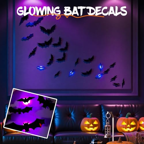 Image of 3D Bat Design LED Decoration, Halloween Lighted Bats Wall Stickers (24Pcs)