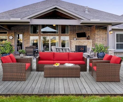 Image of 7 Seater Outdoor Conversation Set Patio Furniture Set All Weather Wicker Sectional Couch Sofa Dining Table Garden, Poolside, Balcony, Backyard.(Dark Brown and Red Color)