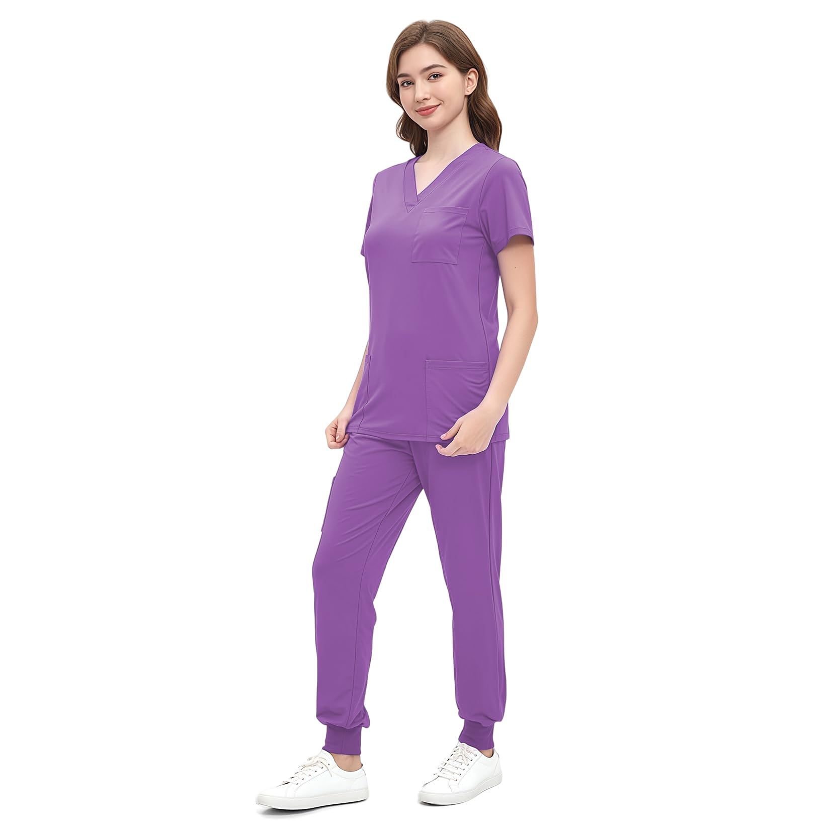 ROMASA Jogging Scrubs Set for Women,Soft and Stretchy Nurse Uniform V-Neck Top and Yoga Jogger Pants with Multi Pocket