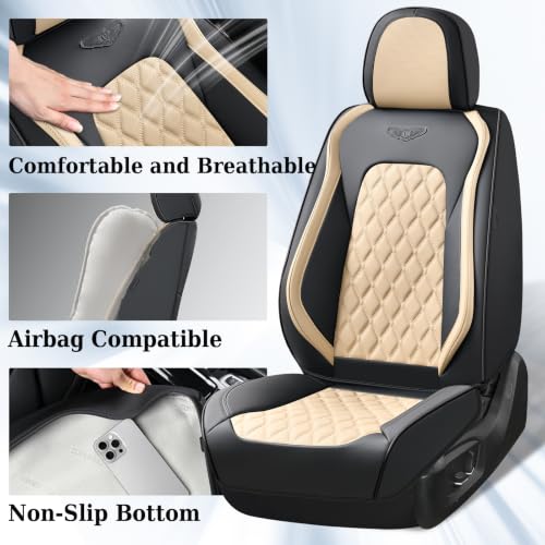 Image of Coverado Car Seat Covers Front Seats, Durable Waterproof Faux Leather Full Set with Rear Protectors, Classic Easy-Clean Interior for Most Vehicles - BlackBeige
