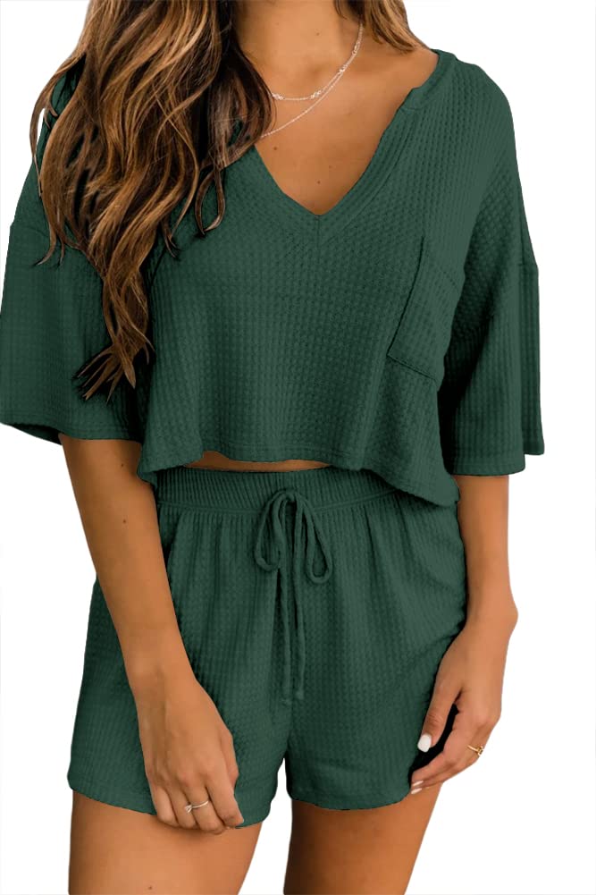 Ezbelle Women's V Neck Waffle Knit Pajamas Set Short Sleeve Crop Tops with Shorts 2 Piece Outfit Lounge Set