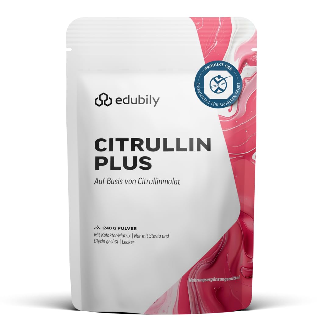 edubily® Citrullin Plus - Pre-Workout Pump Supplement - Citrullin Malat Pulver mit Taurin, Vitamin B12 Methylcobalamin, Vitamin C aus Acerola Extrakt, Metafolin 5 MTHF - Mit Stevia (240g)