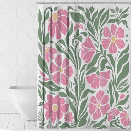 Mocsicka Floral Shower Curtain Set Boho Aesthetic Flower Shower Curtain for Bathroom Modern Abstract Fabric Bathroom Decor Waterproof Funky Cute Bath Curtain with Hooks (Pink, 71x71 inch)