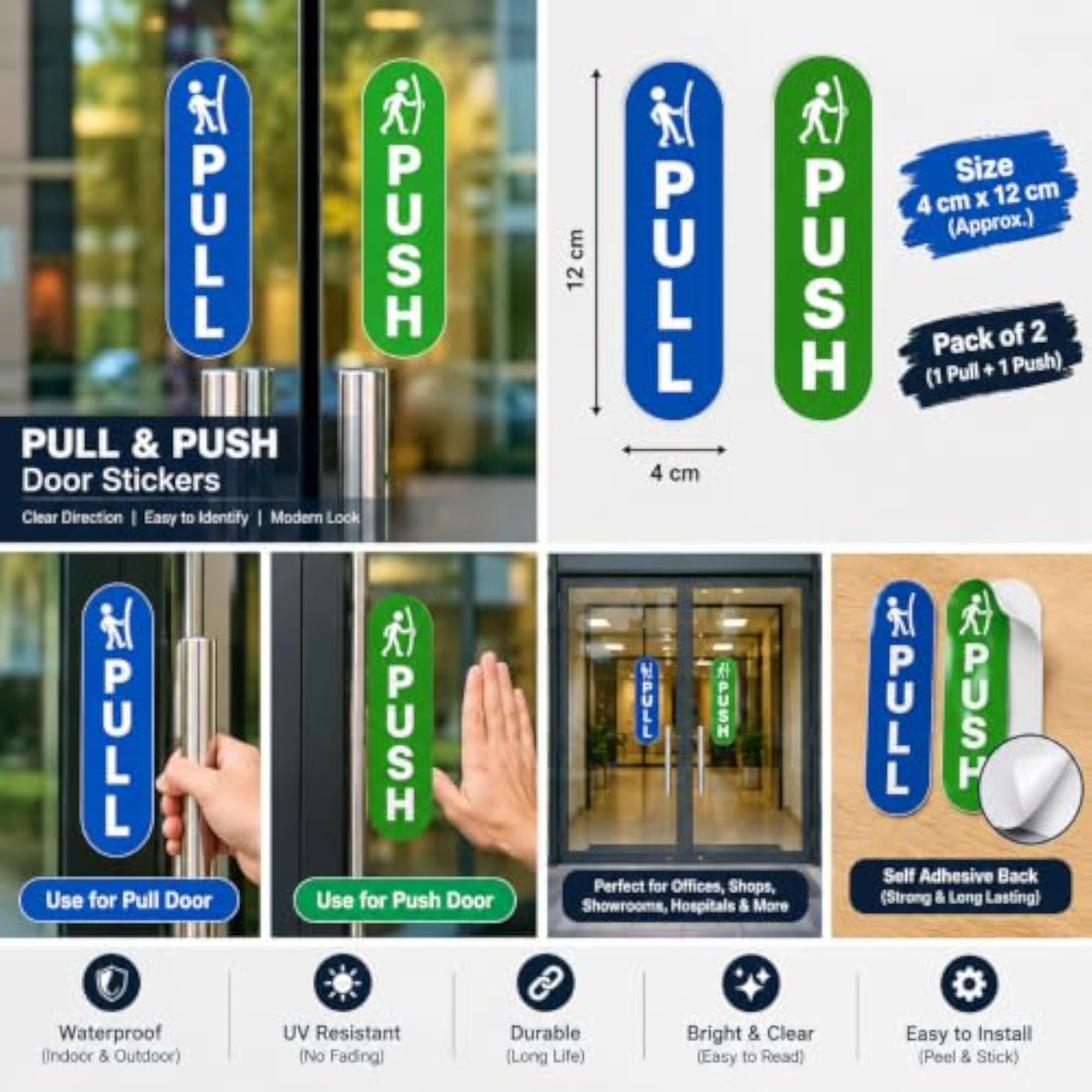Pull Push Vinyl Door Signage Sticker, Blue and Green