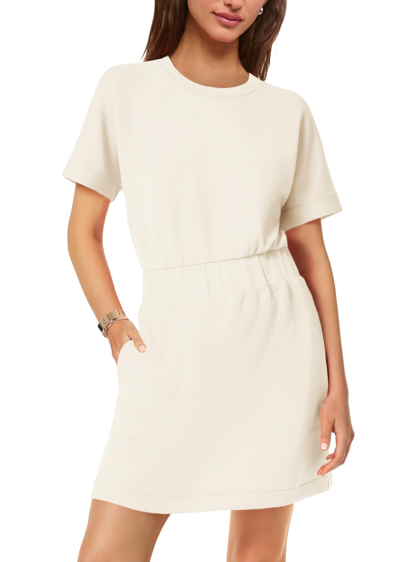 SENSERISE Womens Short Sleeve T Shirt Dresses Crew Neck Solid Color Basic Smocked Waist Dress with Pockets