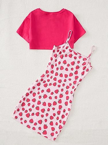 MakeMeChic Girl's 2 Piece Cute Outfit Crew Neck Crop Tops and Strawberry Cami Dress Set2